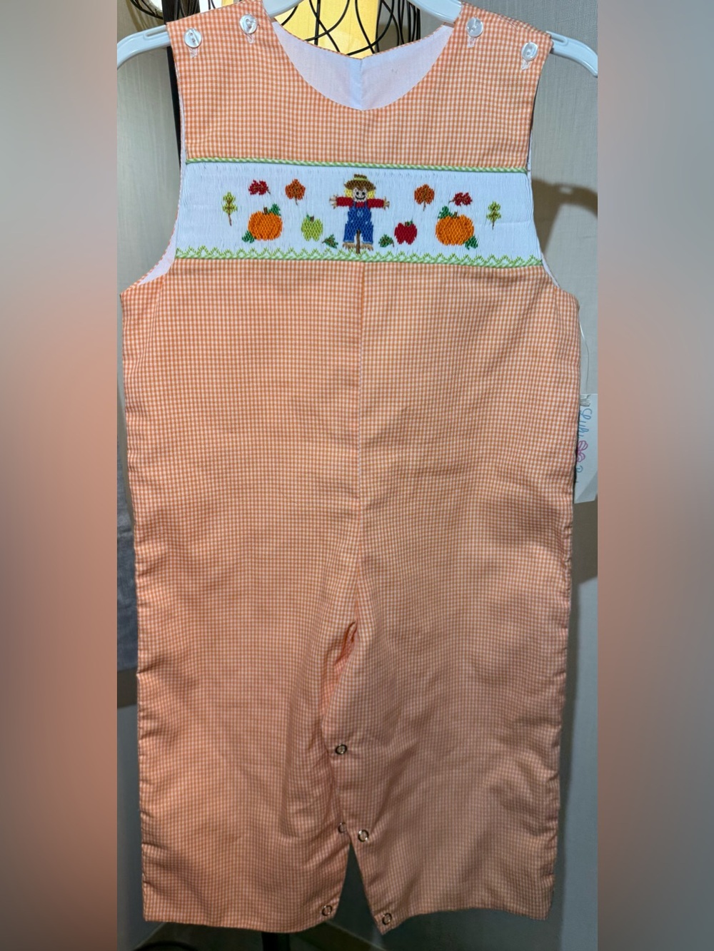 Smocked Orange Gingham Kids' Overalls with Fall Scarecrow Detail
